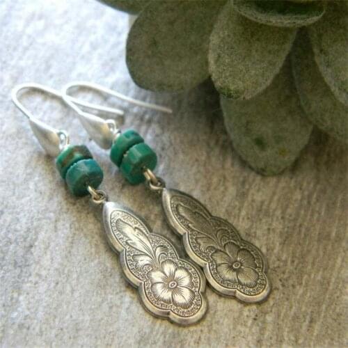 Bohemian Jewelry Turquoise Earrings for Women Southwestern Cowgirl Unique Flower Pattern Carved Earrings Turquoise JKS03U-49GU