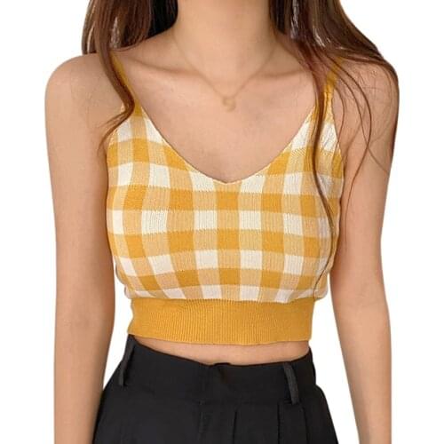 Daxin Womens Plaid V Neck Tank Top Korean Style Slim Sexy Grid Exposed Navel Sweety Knitted Camisole Female Crop Camis
