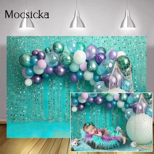 Newborn Little Mermaid Portrait Backdrop Photography Balloons Glitter Sliver Blue Background Sea Birthday Cake Smash Photocall