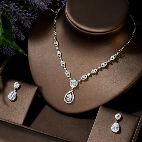 HIBRIDE Luxury Sparking Brilliant Cubic Zircon Water Drop Earring Necklace Heavy Dinner Jewelry Set Wedding Bridal Gift N-252
