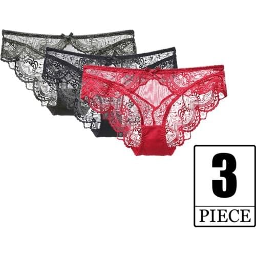 3pcs Set Womens Panties Lace Briefs Low Waist Embroidery Transparent Sexy Underwear For Women Breathable Lingerie Plus Size XXL