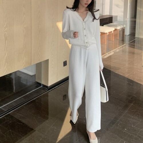 Autumn Winter Womens Suit Knitted Tassel V-neck Cardigan Jacket + Wide Leg Pants Casual Two Piece Set Women Elegant Korean Chic