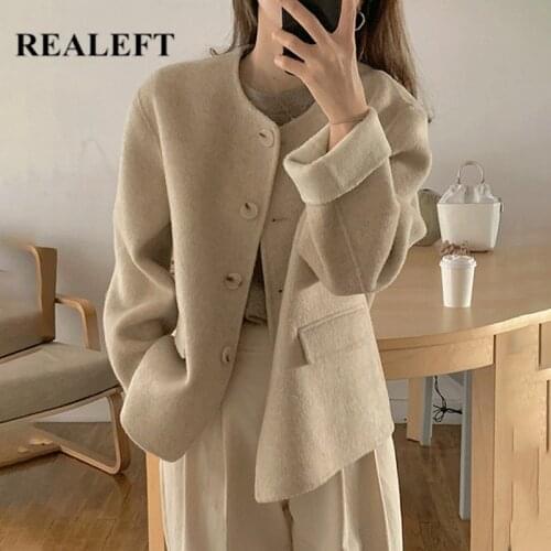 REALEFT Autumn Winter Minimalist Wool Warm Womens Jacket New 2020 Single Breasted Classic Coats Long Sleeve Outwear Korean