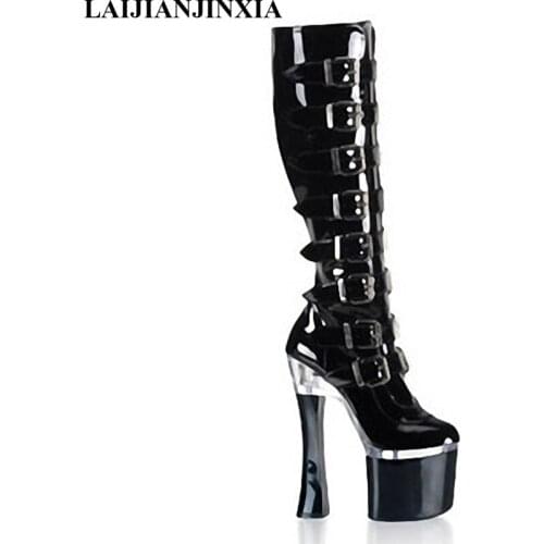 LAIJIANJINXIA New Fashion Square Chunky High Heel Boots Knee High Buckle Straps Thick Platform Shoes Black Boots Chunky Shoes