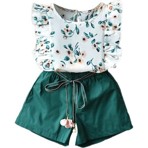 2PCS Cute Girls Sets Clothes Summer Floral Children Clothing Sleeveless T-shirt+Shorts Kids Suit Fashion 3-7T Children Clothes