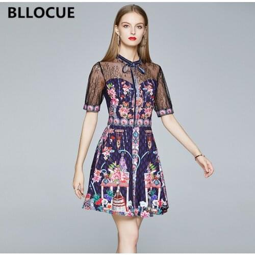 BLLOCUE Fashion retro Flower Print Party Dress 2020 summer New Women Sexy Perspective Lace Splice Short Princess Dresses