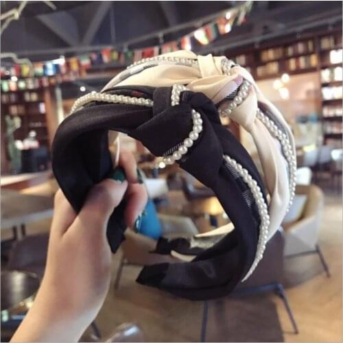 New boutique hair accessories womens plaid stitching pearl middle knot knotted wide-brimmed fashion headband hairband hair band