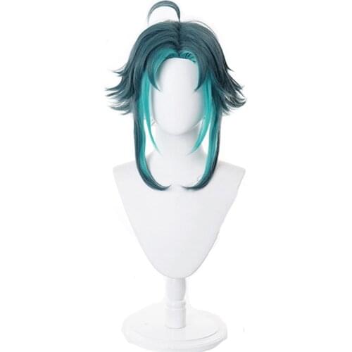 Genshin Impact Xiao Cosplay Men 40cm Green Mixed Wig Cosplay Anime Cosplay Wigs Heat Resistant Synthetic Wigs Halloween
