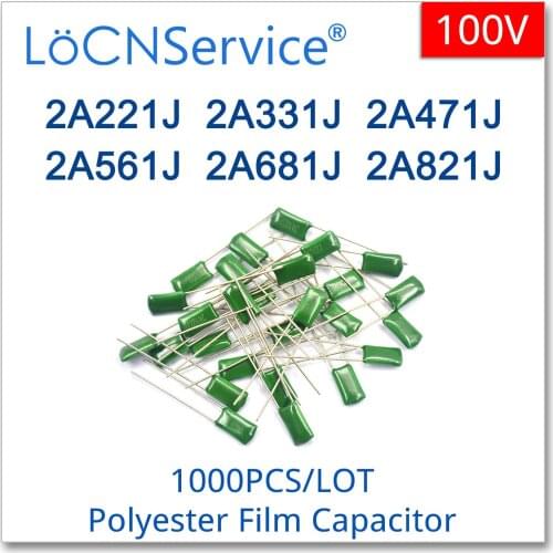 LoCNService 1000PCS CL11 Polyester Film Capacitors 100V 2A221J 2A331J 2A471J 2A561J 2A681J 2A821J Mylar Capacitors High quality