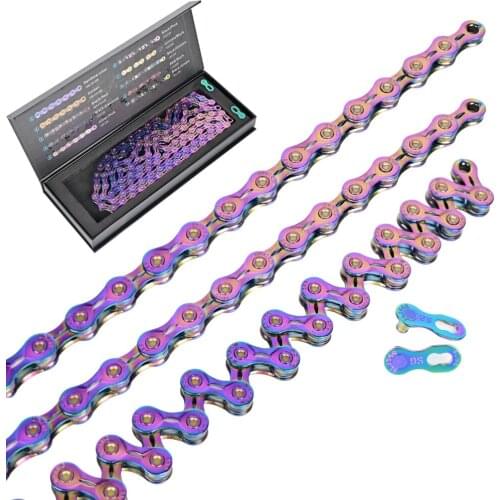 SUMC Chain Multi-Colored GOLD 9/10/11/12 Speed Bicycle Chain - Rainbow Hollow EL Magic Buckle Road Bike MTB Compatible 116/126L