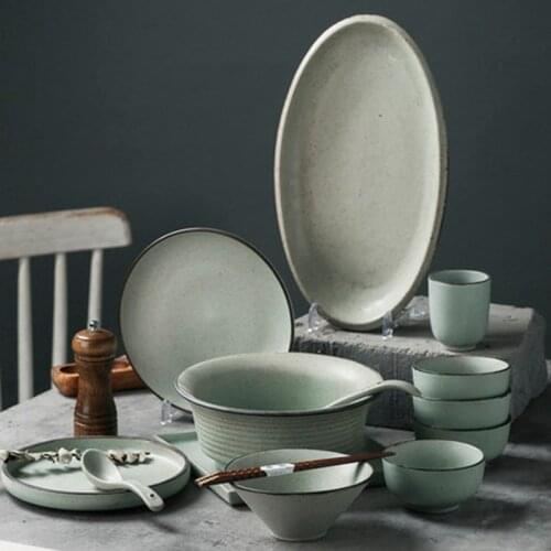 Retro ceramic old-fashioned bowls and plates rice bowls soup noodle bowls dish plates round flat plates Chinese tableware solid