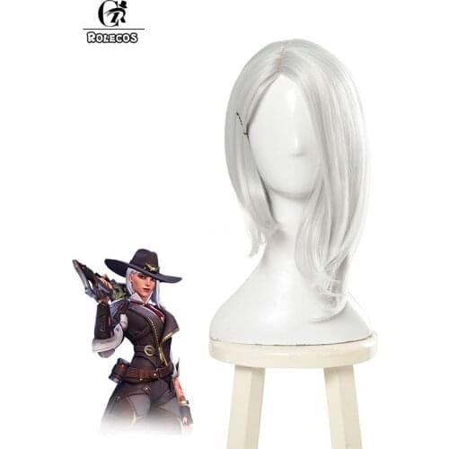 ROLECOS Game OW Cosplay Hair Over OW Watch Ashe Cosplay Headwear 35cm Short Sliver White Heat Resistant Synthetic Cosplay Hair