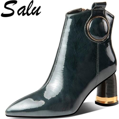 Salu Women Genuine Leather Short Rivets Motorcycle Boots Sexy Round Toe Leather Ladies Shoes Woman Basic Boots