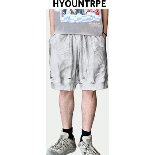 Men Hip Hop Shorts Casual Retro Elastic Waist Ripped Holes Sweatshorts Harajuku Drawstring Short Joggers Pants New Summer Shorts