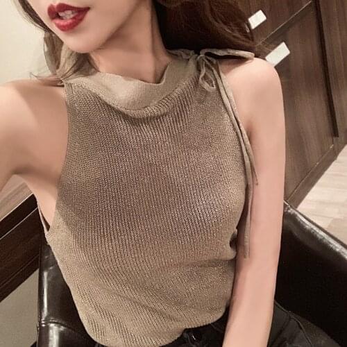 Summer Womens Knitting Laced Halter Off-shoulder Tank Crop Tops Female Camisole Sleeveless Short Tee shirts For Women