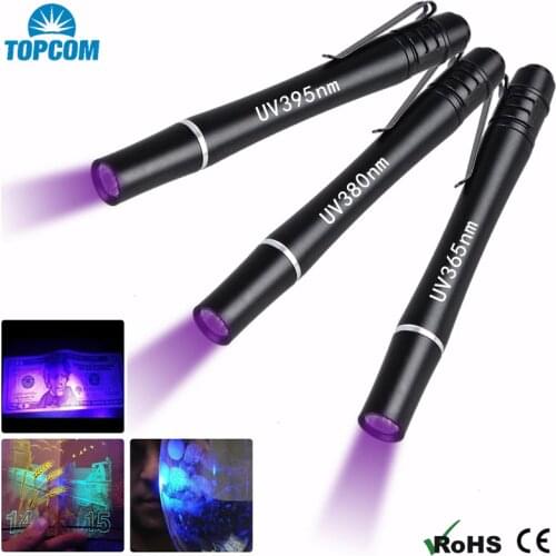 TopCom Mini Pocket LED UV Light 395nM 380nM 365nM Ultraviolet Penlight Aluminum Alloy UV Pen Flashlight With Clip Money Detect