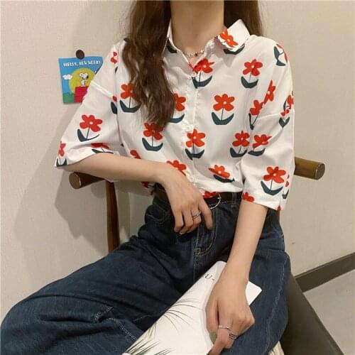 Short sleeve blouse Y2K safflower print button pocket blouse 2021 summer shirt womens tops button up shirt plaid shirt