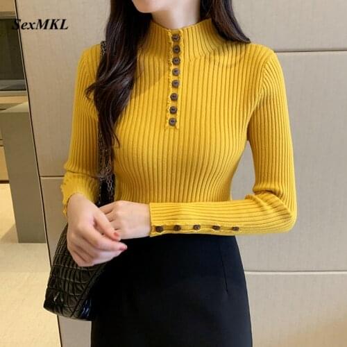Women Turtleneck Winter Basic Sweaters 2020 Fashion Long Sleeve Button Pullovers Korean Clothes Sexy White Black Knitted Sweater