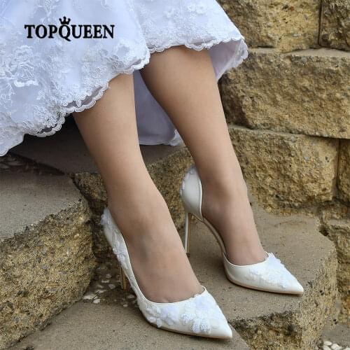 TOPQUEEN-A26 White Romantic Handmade Embroidery Flower Ladies High Heels Bride Shoes Women White Flower Wedding Shoes