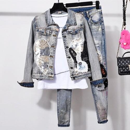 Women 2 Piece Sets Pattern Casual Jacket Jeans Denim Set Female Single Breasted Sequined Female Denim Sets Womens Jeans Coats