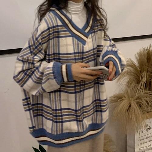 Missnight Vintage Plaid Woman Sweaters V Neck Long Sleeve Oversized Sweater Pullover Korean Style Streetwear 2XL