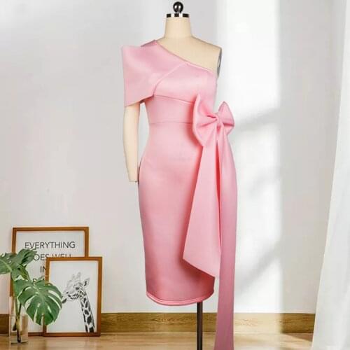 2021 Summer Pink Bow Sexy One Shoulder Casual Slim Women Evening Party Dress Harajuku Ladies Kawaii Elegant Vestidos Robe 70147