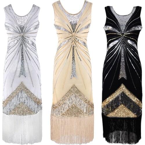 Plus Size XS-XXL Womens Retro 1920s Great Gatsby Dress Vintage V Neck Fringe Hem Art Deco Beads Sequined Flapper Party Dress