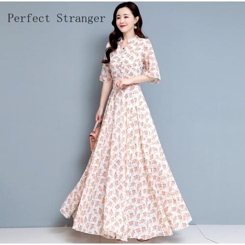 2021 Summer New Arrival Hot Sale V Collar Flower Printed Women Long Chiffon Dress S-4XL