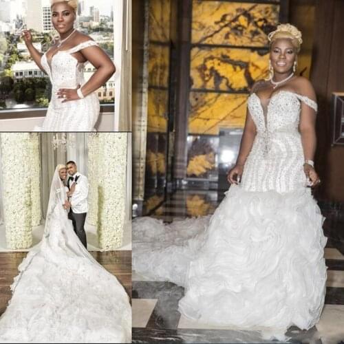 Plus Size Wedding Dresses With Beads Sequins Sweetheart Off Shoulder Ruffles African Mermaid Back Lace Up Custom Made Bridal Gow