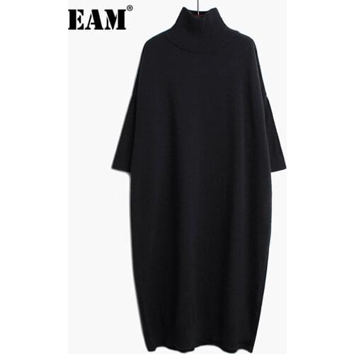 [EAM] Women Black Long Big Size Knitting Dress New High Collar Long Sleeve Loose Fit Fashion Tide Spring Autumn 2021 1K122
