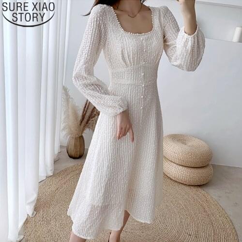 Apricot Dress with Zipper Vintage Long Dress French Square Collar Puff Sleeve Dresses Women High Waist Sweet Vestidos 12917