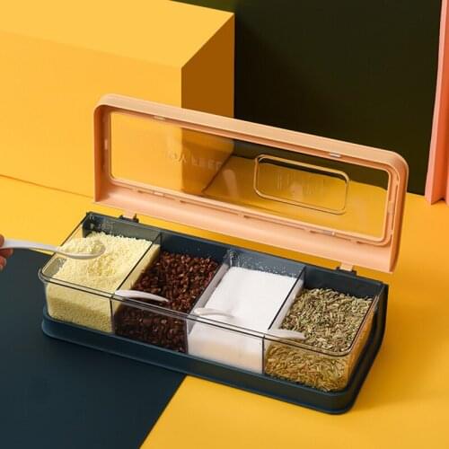 045 Nordic Rectangle Transparent Visible Dustproof Seasoning Box With 4 Spoons Transparent Lid Seasoning case Kitchen Tool