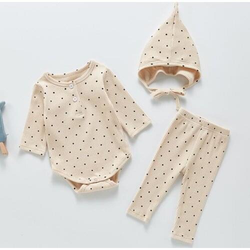 Spring Autumn Children Baby Boys Girls Long Sleeve Dot Rompers + Pants + Hat Suit 3Pcs Kids Baby Boy Girl Clothes Suit