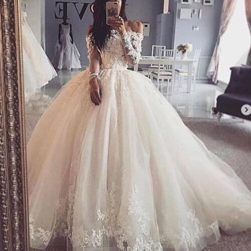Ball gown wedding dresses 2020 off the shoulder long sleeve lace appliques ball gown long bridal dresses vestidos de noiva