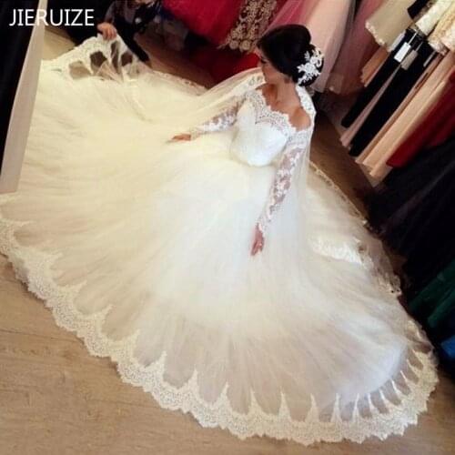 JIERUIZE White Lace Off The Shoulder Long Sleeves Wedding Dresses Ball Gown Princess Bride Dresses Wedding Gowns robe de mariee