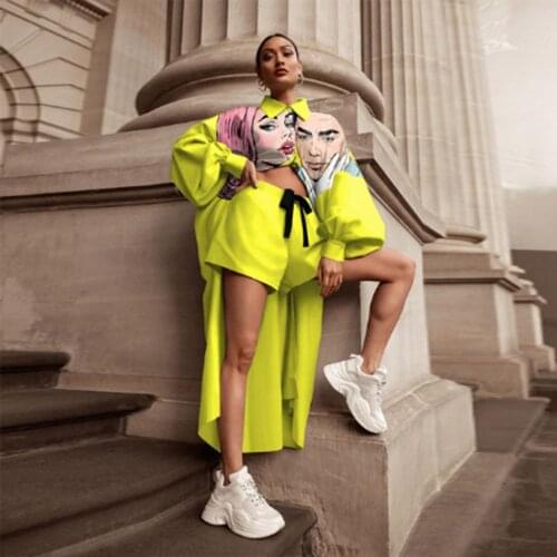 Free Shipping 2021 Spring Autumn 2 Pieces Womens Sets Cartoon Print Blouse Long Shirt Women Tops and Shorts Set Two Piece Set