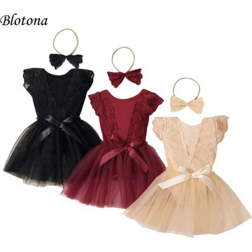 Blotona Baby Girls 2Pcs Summer Outfits, Cute Fly Sleeve Lace Hollow Out Floral Romper + Tulle Skirt + Headband Set, 0-18Months
