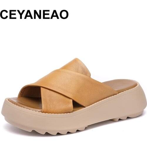 CEYANEAOWomen Slippers Leather Beige Shoes Summer Slippers For Women High Heels Wedge Shoes Women Genuine Leather Slippers Peep