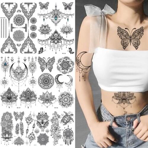 Black Butterfly Moon Henna Temporary Tattoos For Women Girls Wolf Dream Catcher Tortoise Fake Tattoo Sticker Body Arm Tatoos 3D