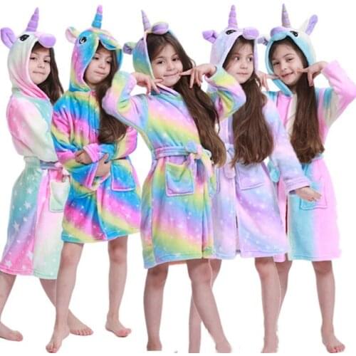 Kigurumi Children Bathrobe Baby Bath Robe Animal Rainbow Unicorn Hooded Bathrobes For Boys Girl Pyjamas Nightgown Kids Sleepwear