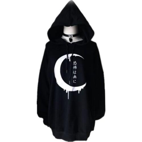 Gothic Women Hoodies Long Sleeve Japanese Moon Print Pullover Loose Hoody Black Thin Sweatshirt