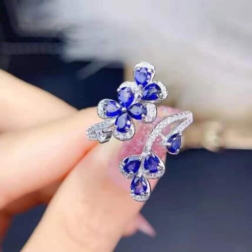 Natural Sapphire Real S925 Sterling Silver Flower Type Ring Fine Fashion Weddings Jewelry For Women MeiBaPJFS