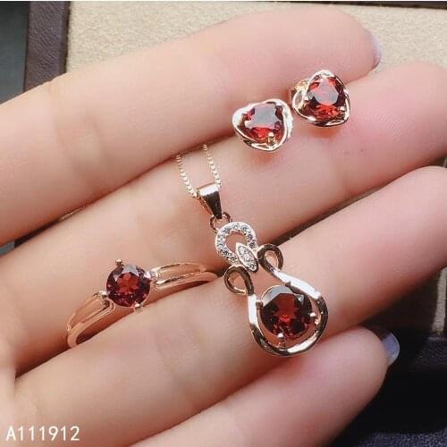 KJJEAXCMY fine jewelry natural garnet 925 sterling silver women pendant necklace chain ring earrings set support test popular