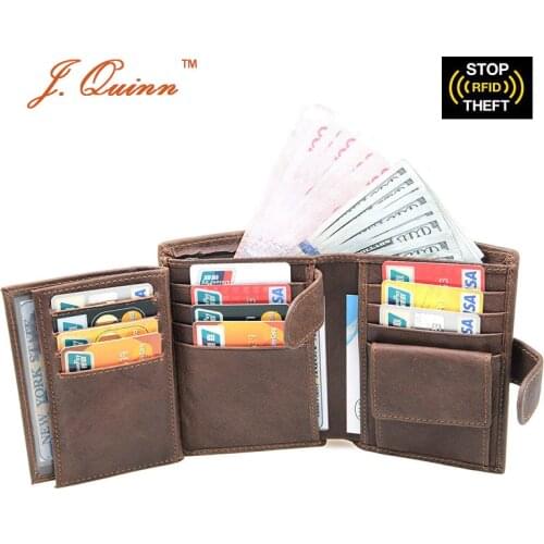 J.Quinn RFID Short Organizer Coin Wallets for Men Women Oil Wax Cowhide Leather Wallet Dual ID Flap 13 Credit Card Holder Purse