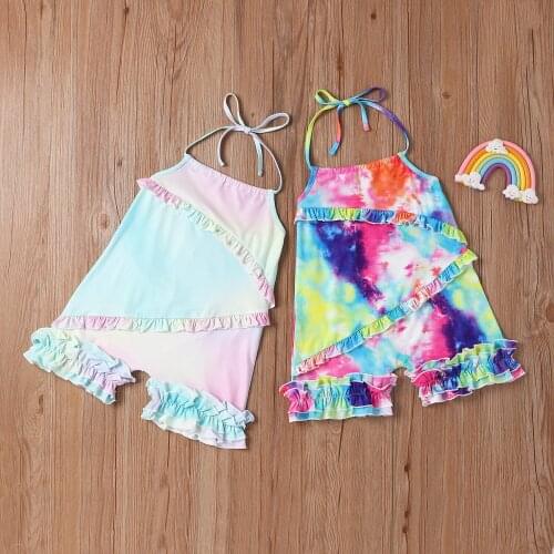 Summer Trendy Casual Lovely Kids Jumpsuit Girls Tie-Dyed Sleeveless Strappy Romper Playsuits Light Blue/Dark Blue