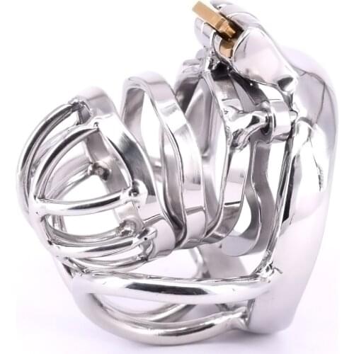 Male Cock Cage Stainless Steel Arc Penisring with Anti-off Ring Scrotum Restraints Gear Chastity Devices Metal Balls Locking