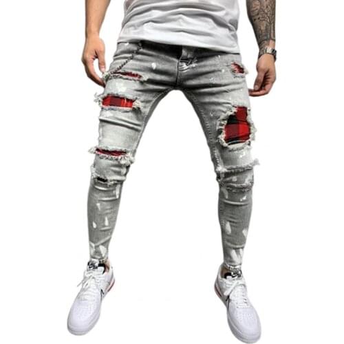 Men Pants Jeans Fashion Ripped jeans Fashion Men Solid Color Patchwork Skinny Fit Ripped Jeans Stretch Denim Pants Sweatpants