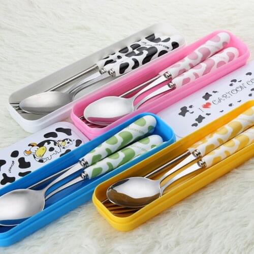 Cartoon Cow Children Spoon Chopstick Set Baby Feeding Spoon Stainless Steel Kids Eating Utensils Toddler Baby Flatware Accessory