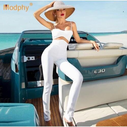 2021 Fashion New White Rayon Bandage Jumpsuit Sexy Bodycon Patchwork Spaghetti Strap Jumpsuit Club Evening Party Bodysuit