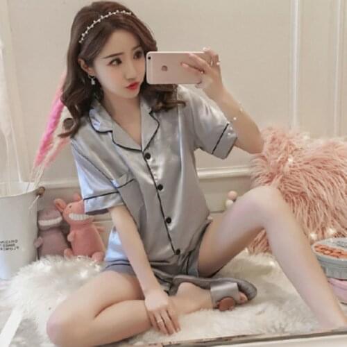 2021 New Summer Womens Ice Silk Satin Sleepwear Soft Vintage Nightwear Set Ladies Silk Short Sleeve Button Home Pyjamas